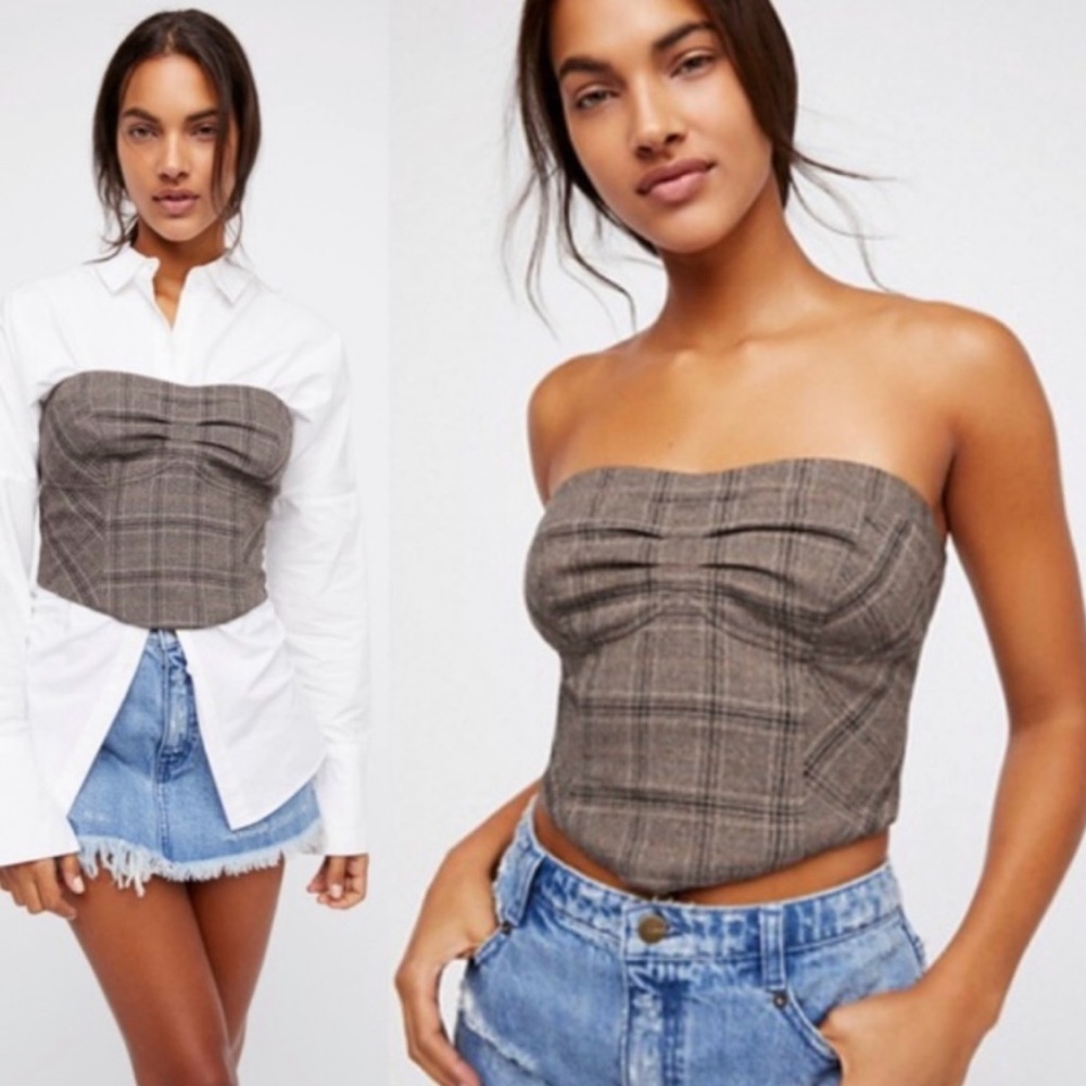 Free People Structured Corset Brown Plaid Top S